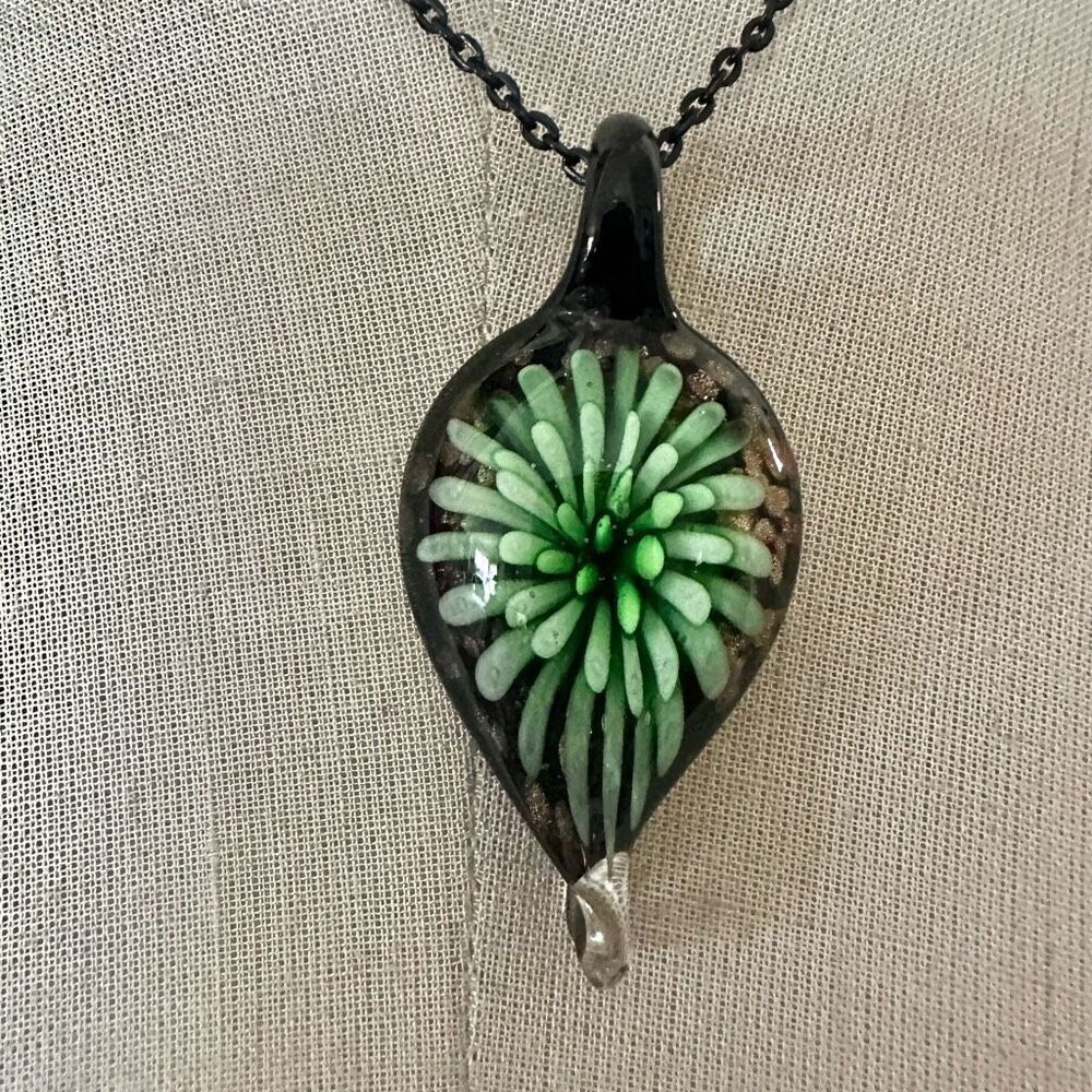Green Glass Flower Pendant Necklace – Black Chain – Boho Art Glass